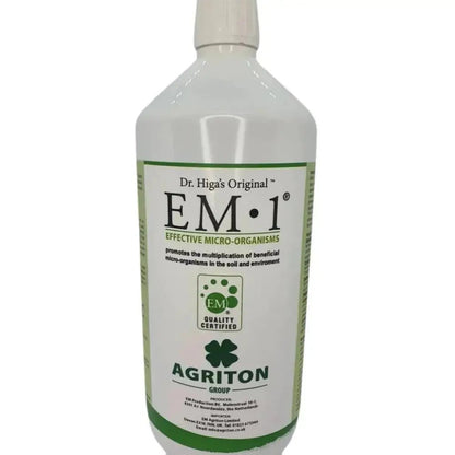 EM-1 Effective Microorganisms — white 1L bottle with green Dr Higa's Original EM-1 label, Agriton Group branding