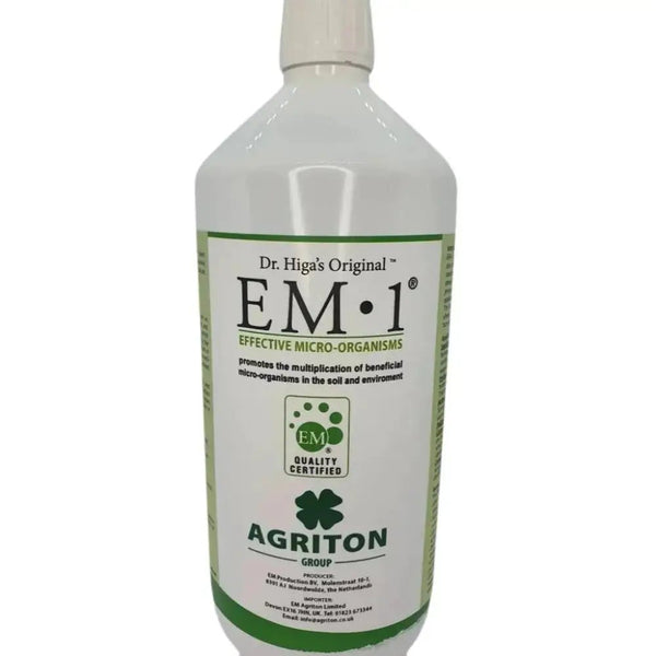 EM-1 Effective Microorganisms — white 1L bottle with green Dr Higa's Original EM-1 label, Agriton Group branding
