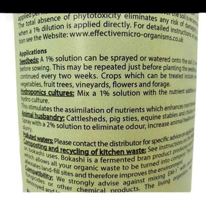 EM-1 Effective Microorganisms — close-up of green back label with Applications and dilution instructions