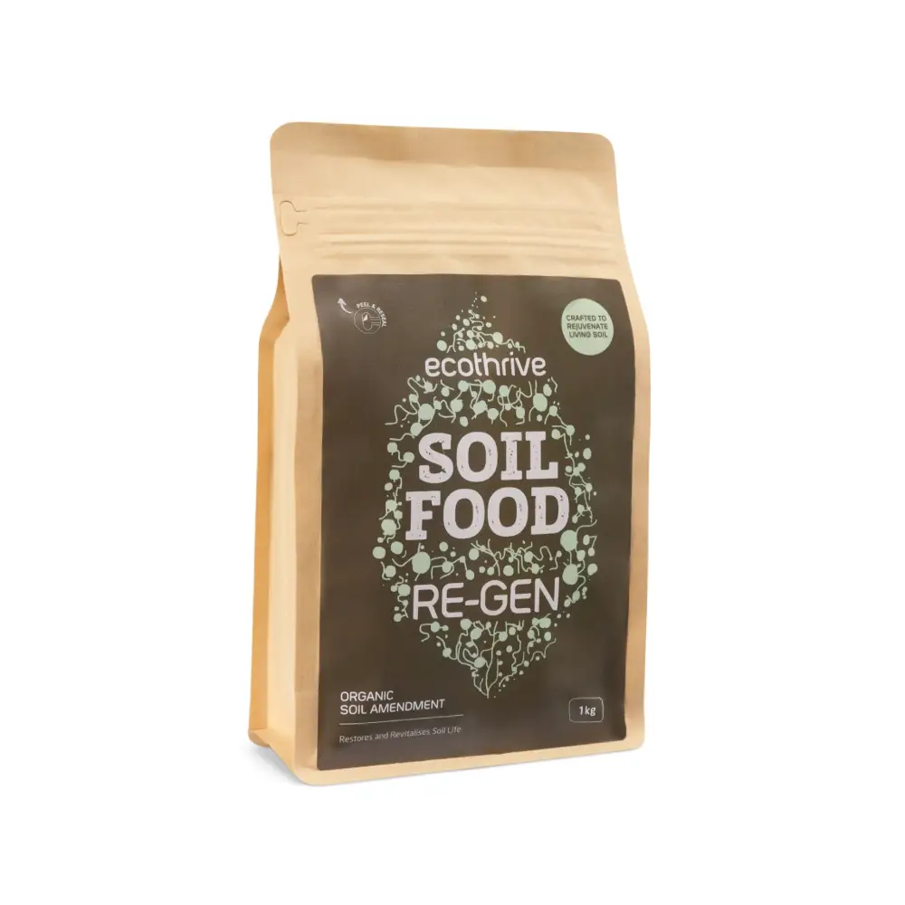 Ecothrive Soil Food — 1kg kraft pouch with ecothrive Soil Food Re-Gen grey-green leaf graphic, soil amendment