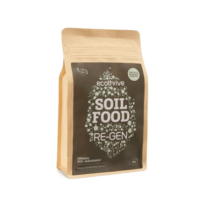 Ecothrive Soil Food — 1kg kraft pouch with ecothrive Soil Food Re-Gen grey-green leaf graphic, soil amendment