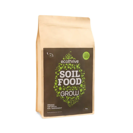 Ecothrive Soil Food — 5kg kraft pouch with ecothrive Soil Food Grow green leaf graphic, top-dress soil amendment