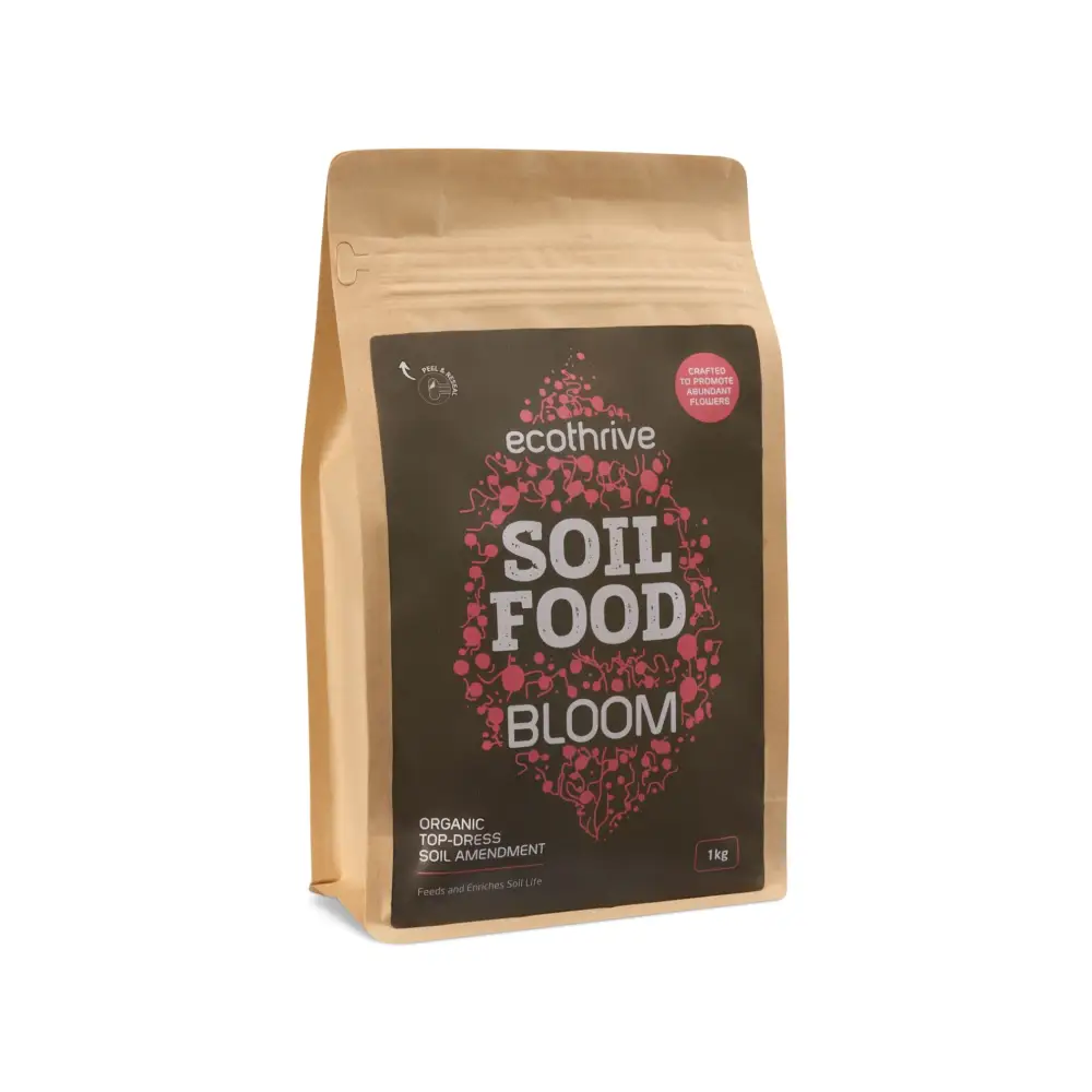 Ecothrive Soil Food — 1kg kraft pouch with ecothrive Soil Food Bloom red leaf graphic, top-dress soil amendment