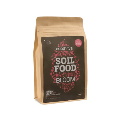 Ecothrive Soil Food — 1kg kraft pouch with ecothrive Soil Food Bloom red leaf graphic, top-dress soil amendment