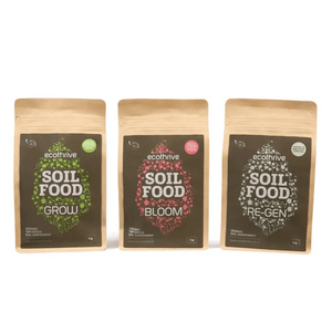 Ecothrive Soil Food — three ecothrive Soil Food pouches in green Grow, red Bloom and grey Re-Gen variants