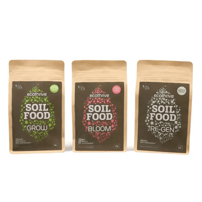 Ecothrive Soil Food — three ecothrive Soil Food pouches in green Grow, red Bloom and grey Re-Gen variants
