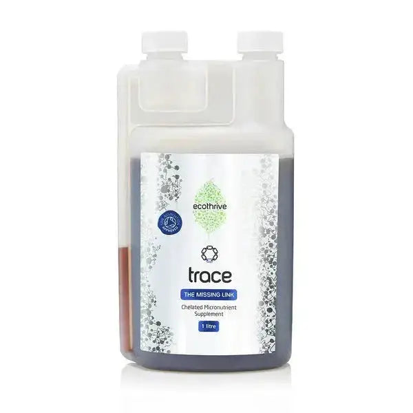 Ecothrive Trace — 1 litre measuring jug bottle with green ecothrive Trace label, The Missing Link, Chelated Micronutrient