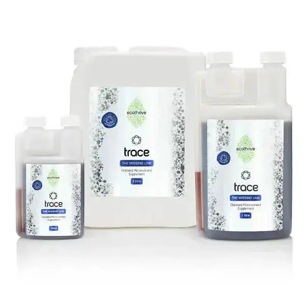 Ecothrive Trace — three bottle sizes side by side: 250ml, 5 litre and 1 litre, with ecothrive Trace branding
