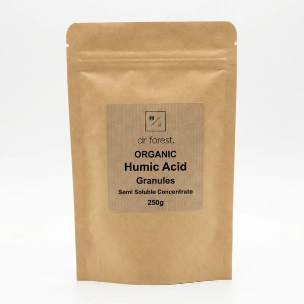 Humic Acid Flakes — 250g kraft pouch with dr forest Organic Humic Acid Granules Semi Soluble Concentrate label