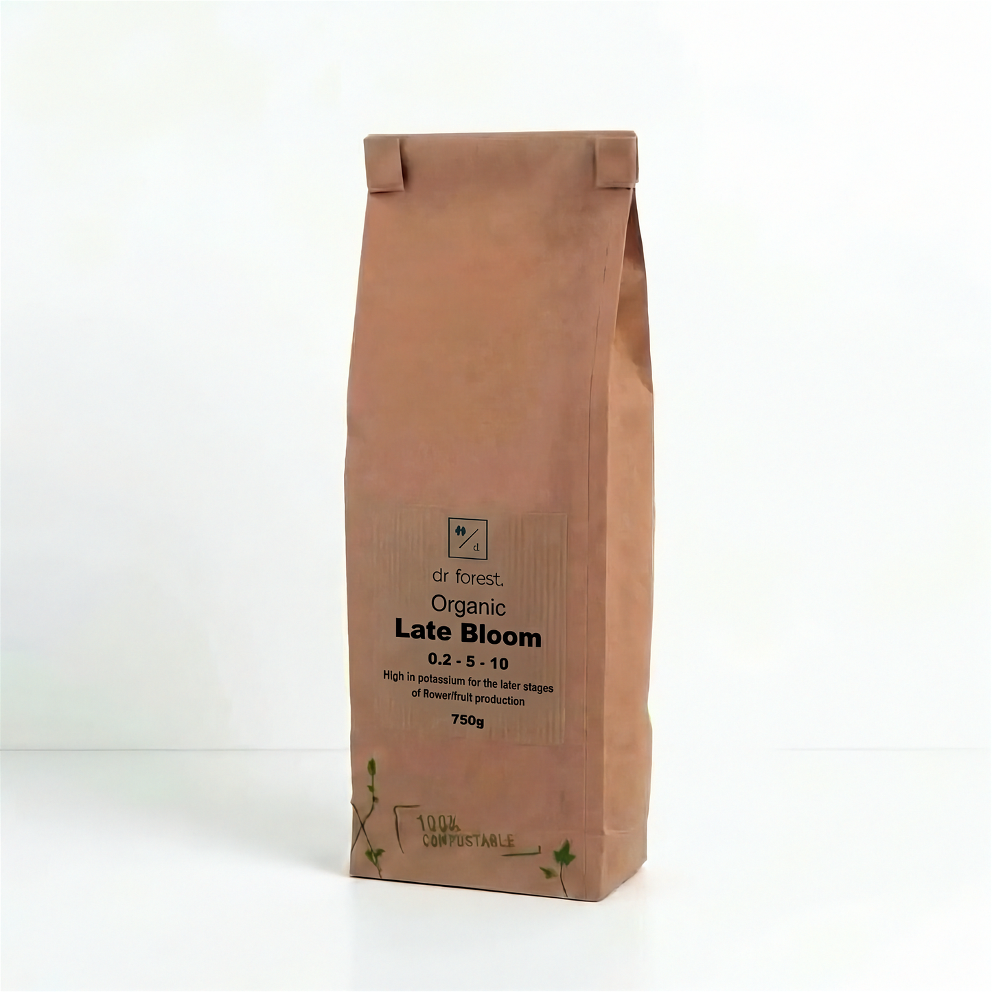 Organic Late Bloom Fertiliser — 750g kraft paper bag with dr forest Organic Late Bloom 0.2-5-10 label