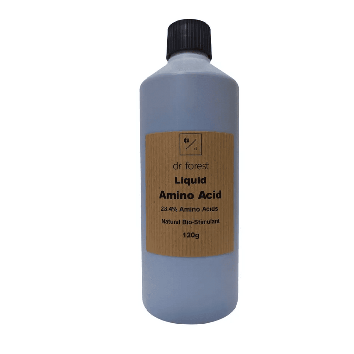 Organic Liquid Amino Acid Biostimulant — 120g grey bottle with black cap; kraft label: Dr Forest Liquid Amino Acid 23.4% Amino Acids