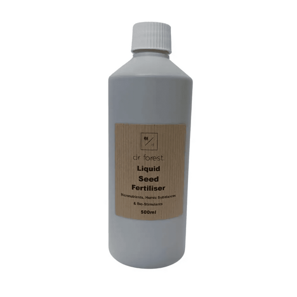 Organic Liquid Seedling Fertiliser — 500ml grey opaque bottle with black cap; kraft label: Dr Forest Liquid Seed Fertiliser