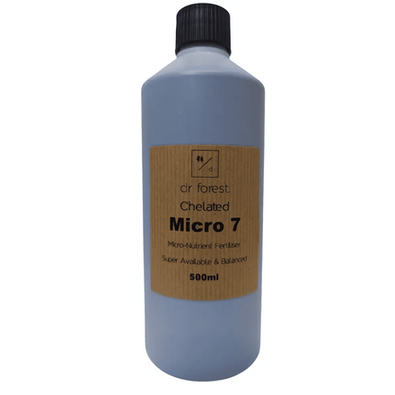 Organic Liquid Micro-Nutrients — 500ml grey bottle with black cap; kraft label: Dr Forest Chelated Micro 7 Micro-Nutrient Fertiliser