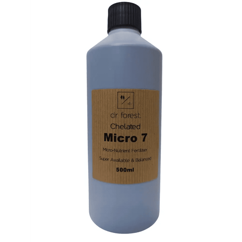 Organic Liquid Micro-Nutrients — 500ml grey bottle with black cap; kraft label: Dr Forest Chelated Micro 7 Micro-Nutrient Fertiliser