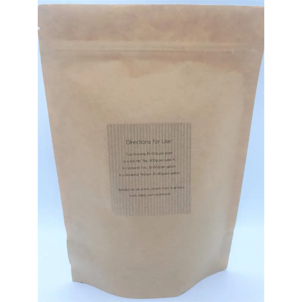 Volcanic Rock Dust — back of kraft pouch with Directions for Use panel