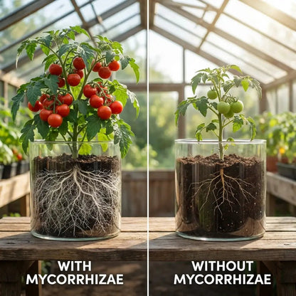 Mycorrhizal Fungi Powder — With vs Without Mycorrhizae comparison: lush red tomato plant vs sparse green seedling