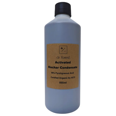 Organic Wood Vinegar — 500ml slate-grey bottle; kraft label: Dr Forest Activated Biochar Condensate 95% Pyroligneous Acid, Certified Organic by ACO