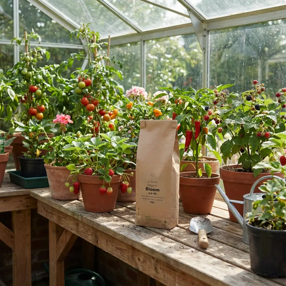 Organic Bloom Fertiliser — kraft Bloom 2-8-10 bag in greenhouse with tomatoes, pink roses, strawberries and raspberries