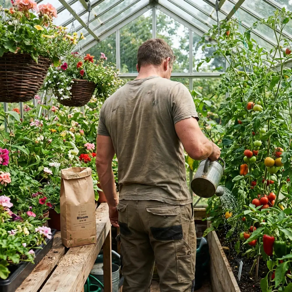 Organic Bloom Fertiliser — man in greenhouse watering tomatoes with kraft Bloom 2-8-10 bag and hanging flower baskets