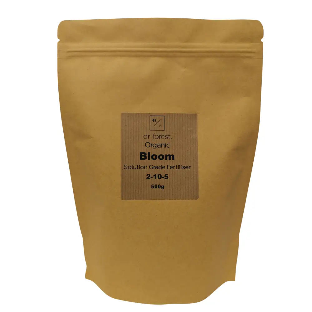 Organic Bloom Booster — 500g kraft pouch with dr forest Organic Bloom Solution Grade Fertiliser 2-10-5 label