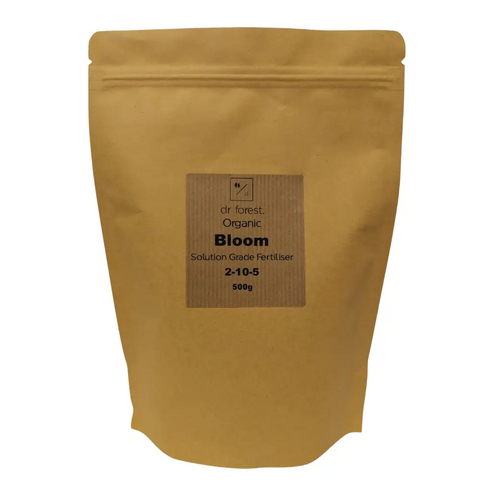 Organic Bloom Booster — 500g kraft pouch with dr forest Organic Bloom Solution Grade Fertiliser 2-10-5 label