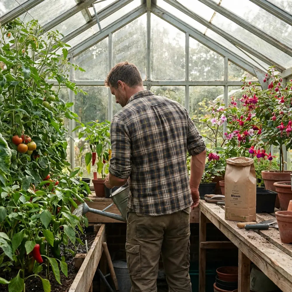 Organic Bloom Fertiliser — man in plaid shirt watering chillies and fuchsias in greenhouse with kraft Bloom bag