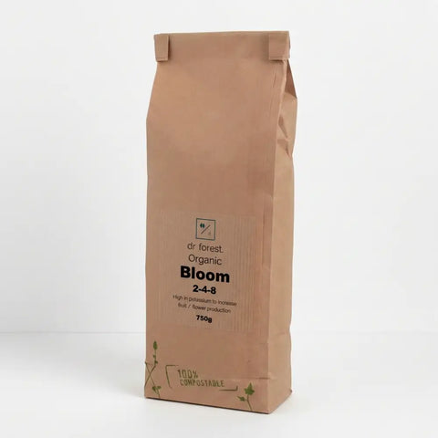 Organic Bloom Fertiliser — 750g kraft paper bag with dr forest Organic Bloom 2-4-8 label