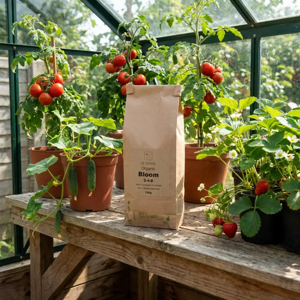 Organic Bloom Fertiliser — kraft Bloom bag on bench with cherry tomatoes, cucumbers and strawberry plants