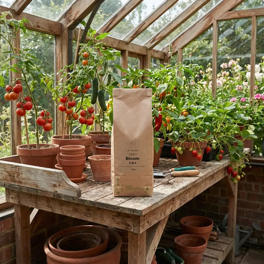 Organic Bloom Fertiliser — kraft Bloom bag on greenhouse bench with cherry tomatoes, peppers and strawberries