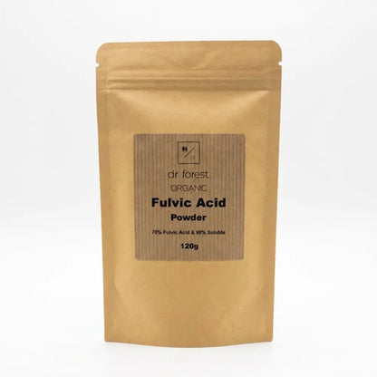 Fulvic Acid Powder — 120g kraft pouch with dr forest Organic Fulvic Acid Powder, 70% Fulvic Acid & 99% Soluble label