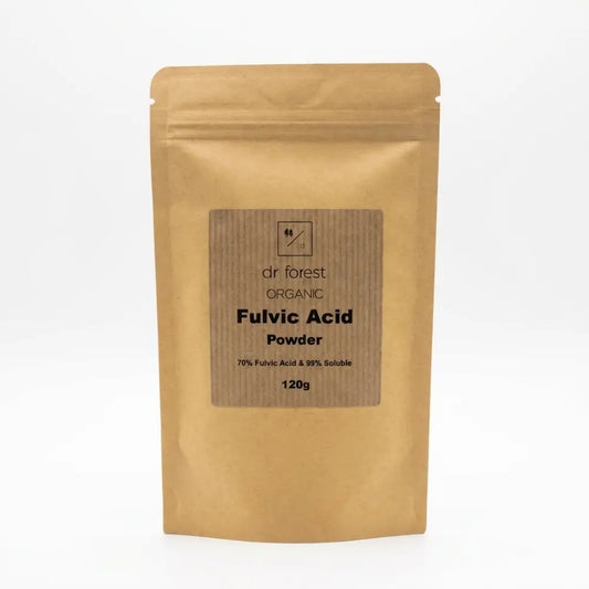 Fulvic Acid Powder — 120g kraft pouch with dr forest Organic Fulvic Acid Powder, 70% Fulvic Acid & 99% Soluble label