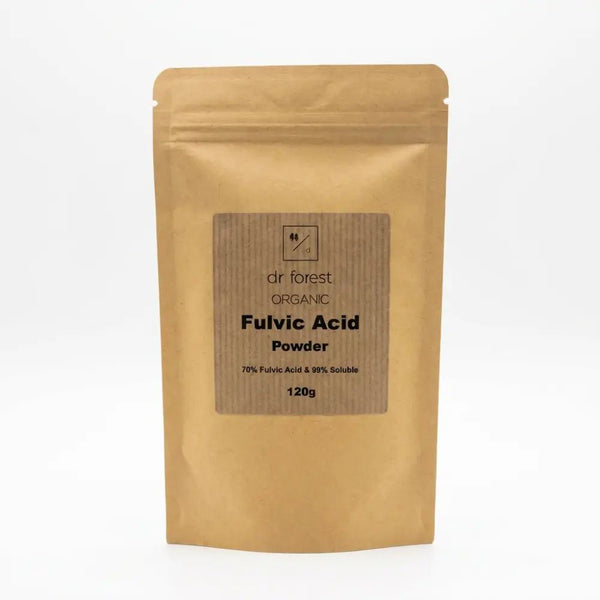 Fulvic Acid Powder — 120g kraft pouch with dr forest Organic Fulvic Acid Powder, 70% Fulvic Acid & 99% Soluble label