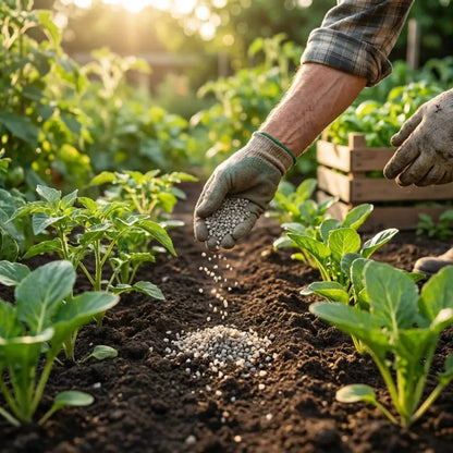 Polyhalite Fertiliser — gardener's gloved hand scattering granules around young cabbage plants at golden hour