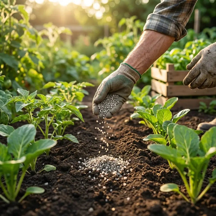 Polyhalite Fertiliser — gardener's gloved hand scattering granules around young cabbage plants at golden hour
