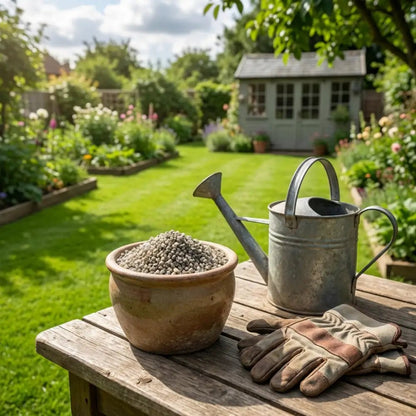 Polyhalite Fertiliser — terracotta pot of granules with watering can and gloves on bench in sunlit cottage garden