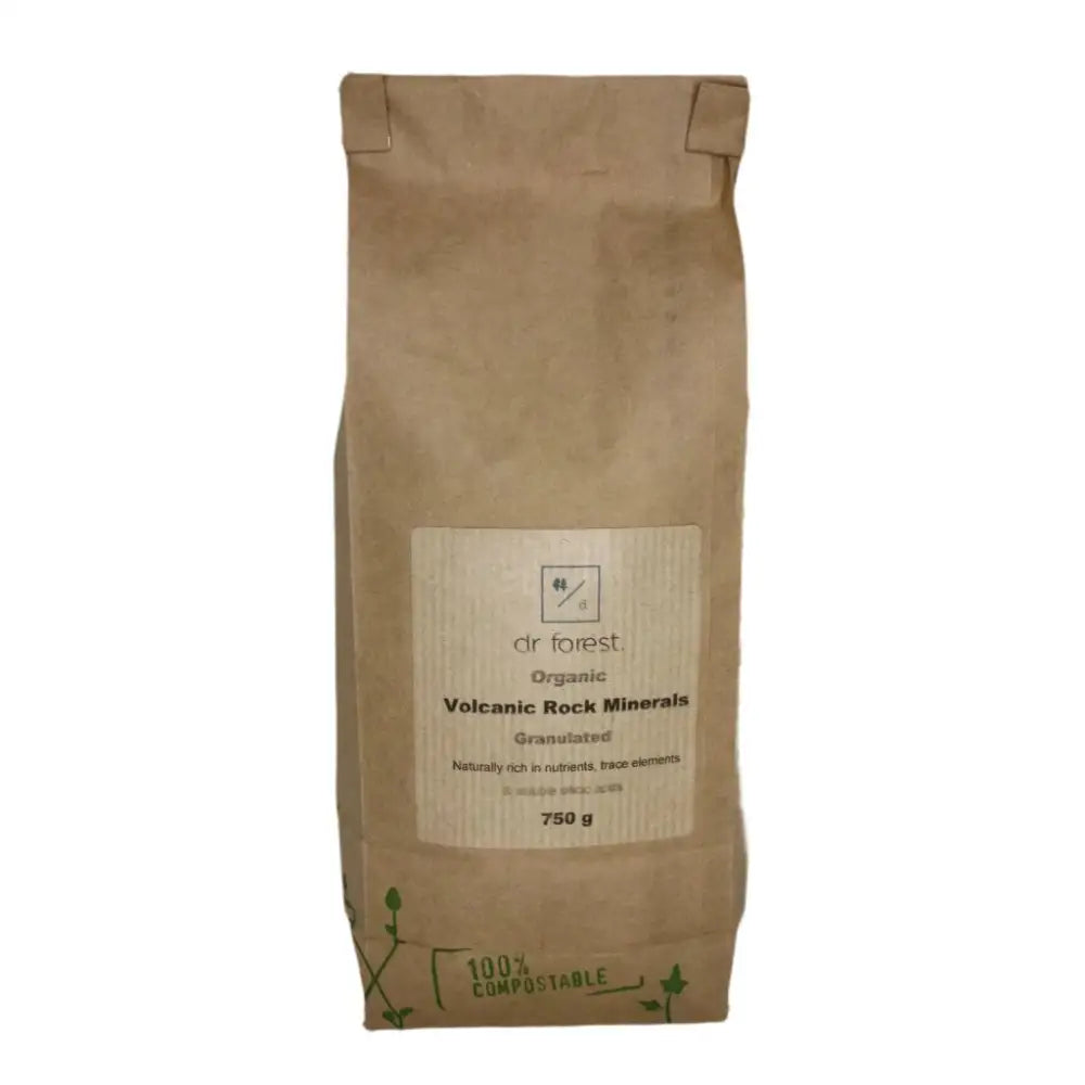Granulated Volcanic Rock Dust — 750g kraft paper bag with Dr Forest Organic Volcanic Rock Minerals Granulated label