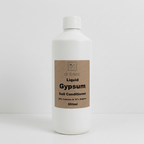 Liquid Gypsum — 500ml white bottle with ribbed cap; kraft label: Dr Forest Liquid Gypsum Soil Conditioner 20% Calcium & 15% Sulphur