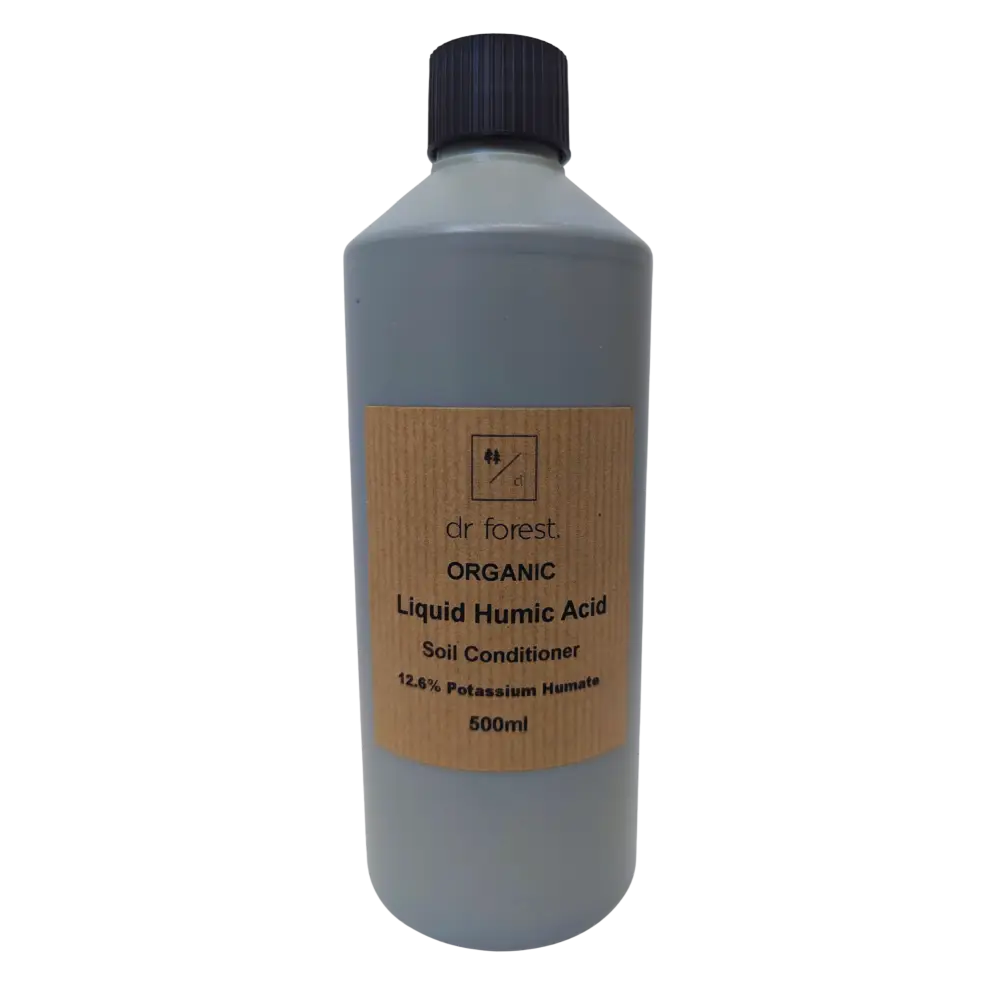 Liquid Humic Acid 12% — 500ml grey plastic bottle, black cap, kraft label: Dr Forest Organic Liquid Humic Acid 12.6% Potassium Humate