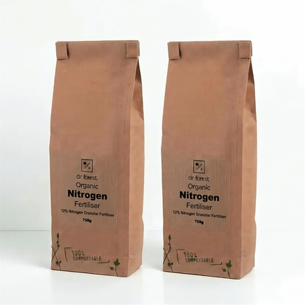 High Nitrogen Fertiliser — two 750g kraft bags with dr forest Organic Nitrogen Fertiliser 12% Nitrogen Granular label