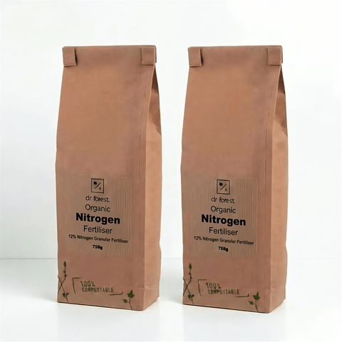 High Nitrogen Fertiliser — two 750g kraft bags with dr forest Organic Nitrogen Fertiliser 12% Nitrogen Granular label