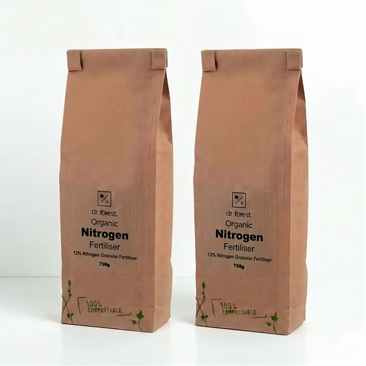 High Nitrogen Fertiliser — two 750g kraft bags with dr forest Organic Nitrogen Fertiliser 12% Nitrogen Granular label