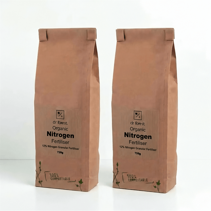High Nitrogen Fertiliser — two 750g kraft bags with dr forest Organic Nitrogen Fertiliser 12% Nitrogen Granular label