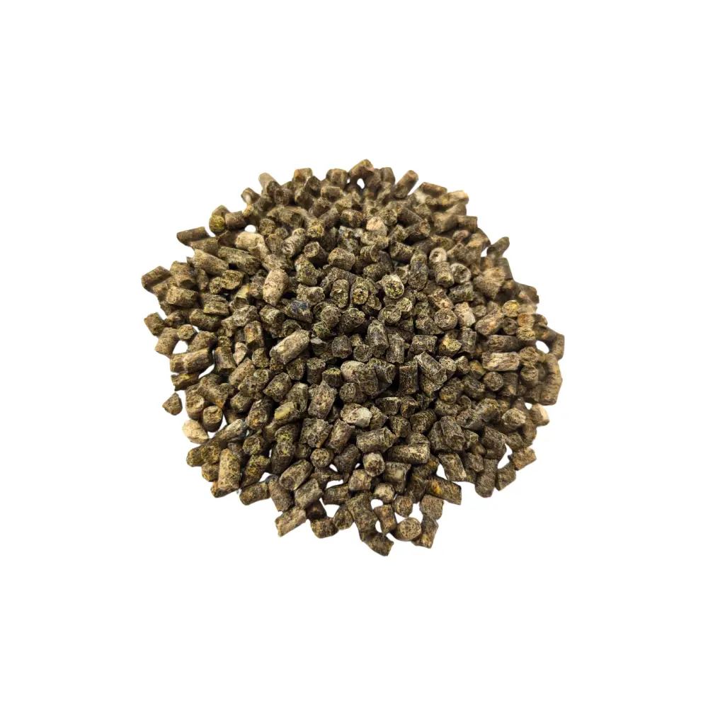 High Phosphorus Fertiliser — pile of dark brown-green cylindrical pellets