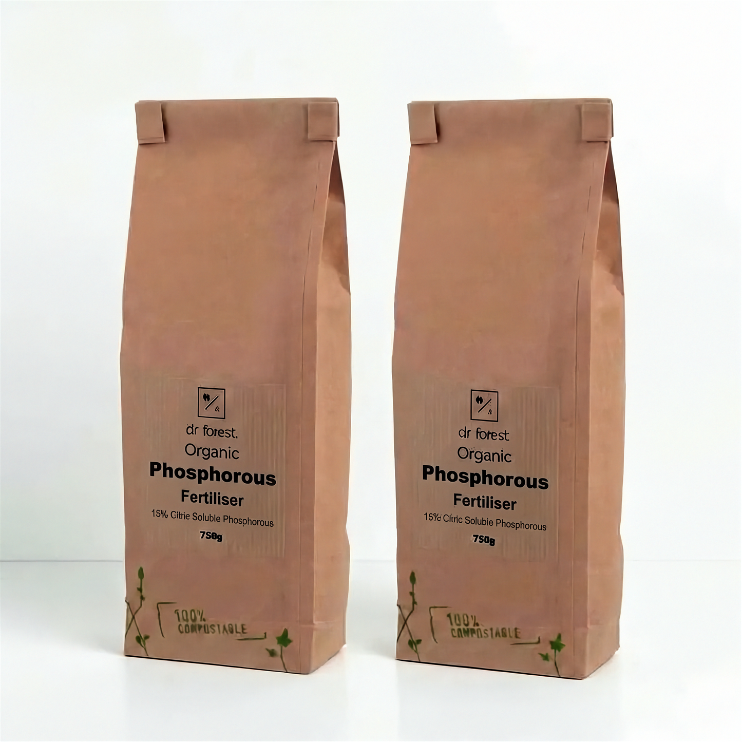 High Phosphorus Fertiliser — two 750g kraft bags with dr forest Organic Phosphorous Fertiliser, 15% Citric Soluble
