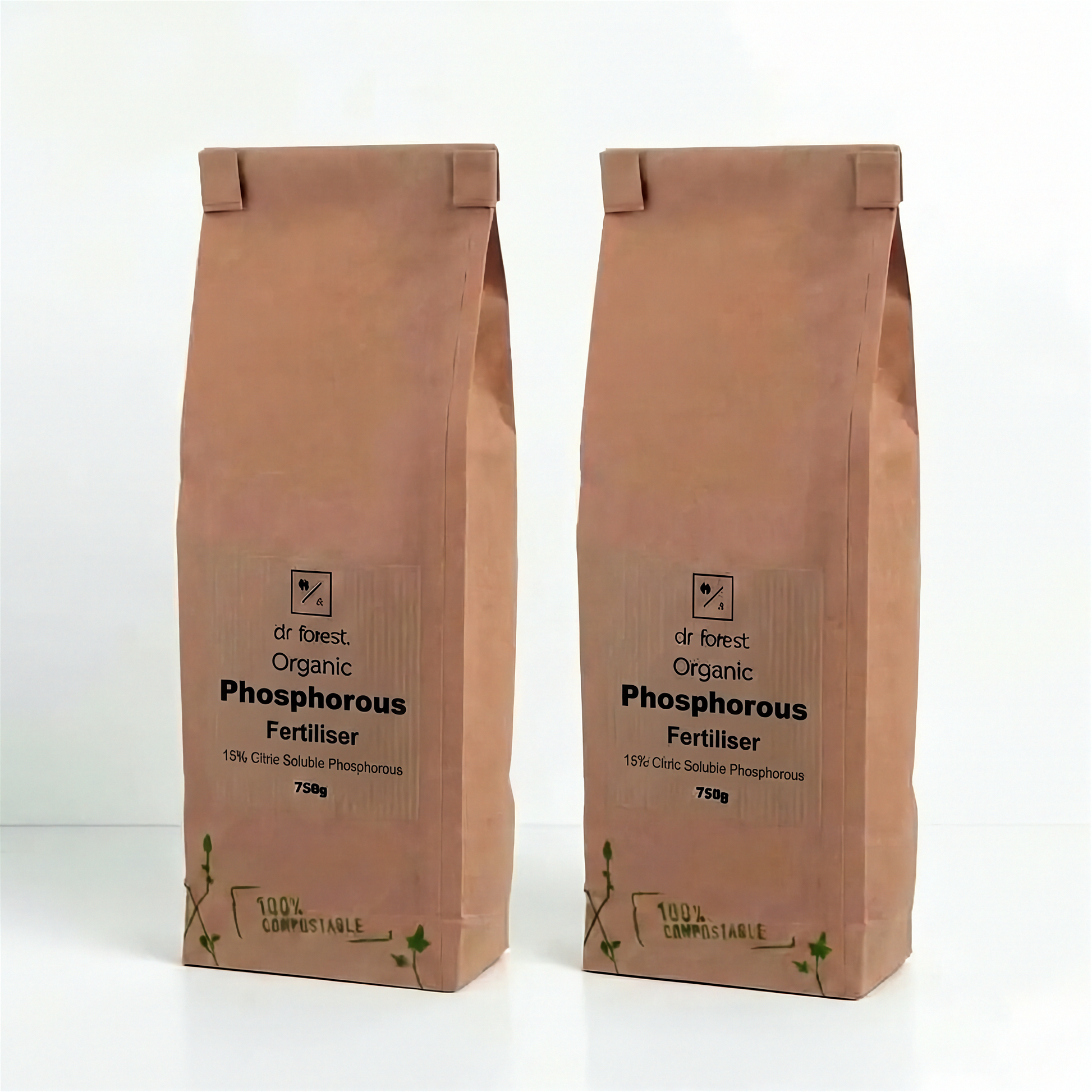 High Phosphorus Fertiliser — two 750g kraft bags with dr forest Organic Phosphorous Fertiliser, 15% Citric Soluble