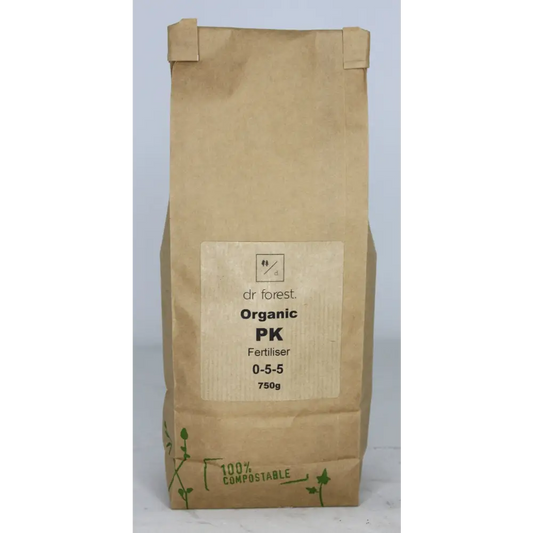 PK Fertiliser 0-5-5 — 750g kraft paper bag with dr forest Organic PK Fertiliser 0-5-5 label