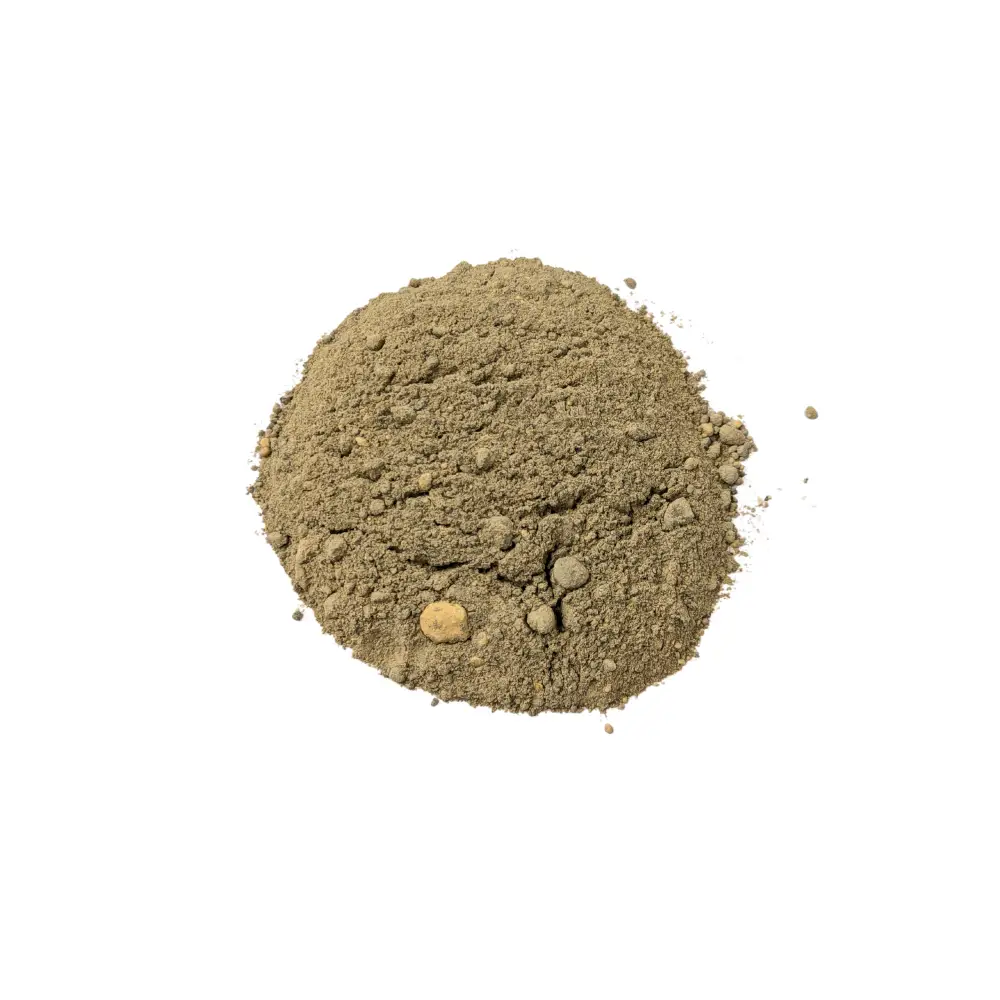 PK Fertiliser 0-5-5 — pile of fine olive-grey powder with small grit