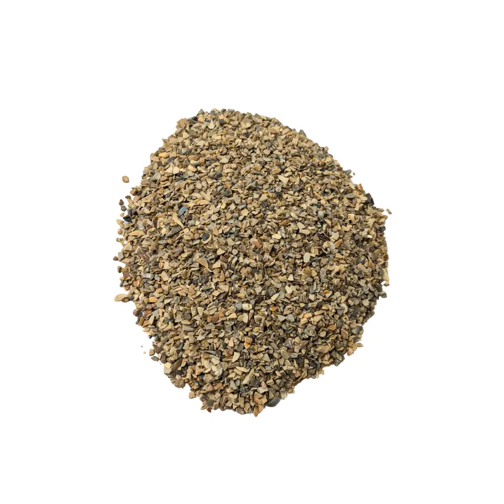Organic Sea Shell Meal — pile of coarse cream and dark shell chips