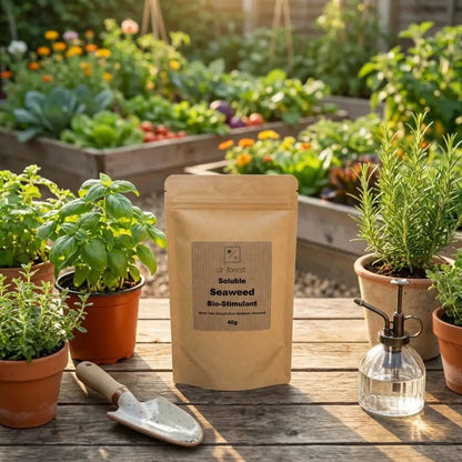 Seaweed Powder — kraft pouch on wooden table in sunlit garden with basil, rosemary and brass mister bottle