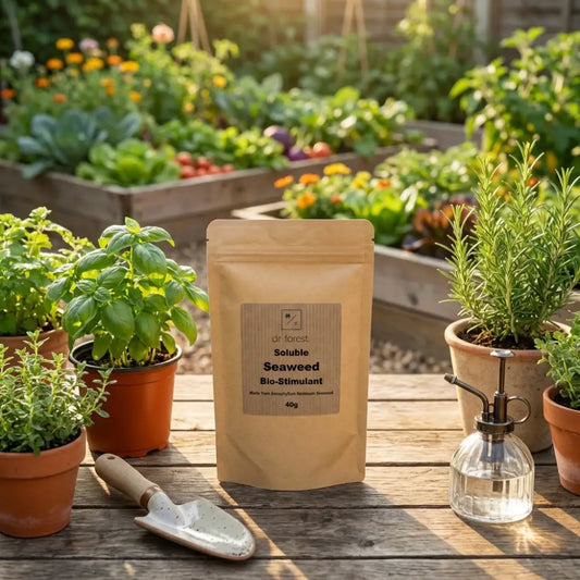 Seaweed Powder — kraft pouch on wooden table in sunlit garden with basil, rosemary and brass mister bottle